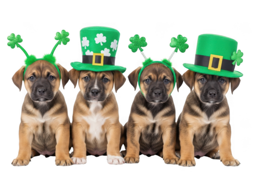 Four cute mixed breed puppies wearing green st patrick day hats and headbands sitting together isolated on transparent background - Powered by Adobe