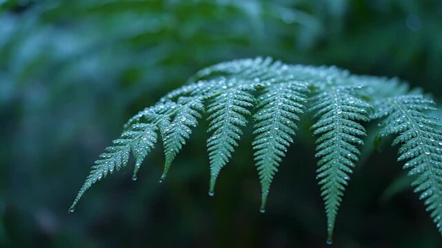 Fern leaf covered in water droplets in nature, wet, plant, green close-up.