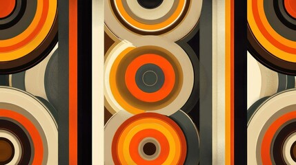 Abstract geometric pattern featuring concentric circles and vertical stripes in warm tones of orange, yellow, beige, brown, and black