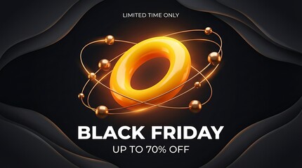 Futuristic black friday sale announcement with glowing orange ring and orbiting spheres on dark background