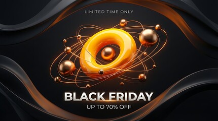 Abstract black friday sale announcement with glowing orange ring and orbiting spheres on dark background