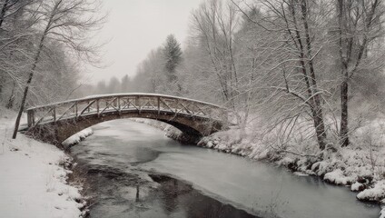 Picturesque arched wooden bridge crossing a river during a winter snowfall.
