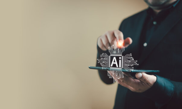 Digital information technology concept. Businessman touching artificial intelligence icon. Chatbot and AI concept. Futuristic digital technology.