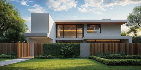 Modern two-story house with large glass windows, wooden fencing, lush green lawn, trimmed bushes, and surrounding trees under a partly cloudy sky
