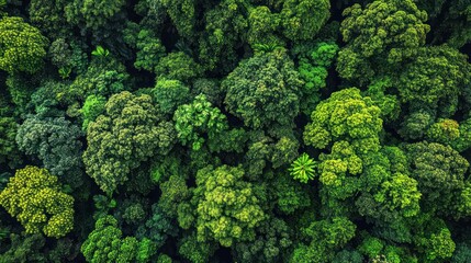 Fototapeta premium Aerial view of a dense lush green forest with various tree species creating a vibrant natural canopy