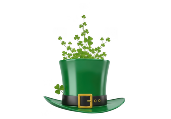 A vibrant green leprechaun hat with a gold buckle filled with growing shamrocks, isolated on transparent background