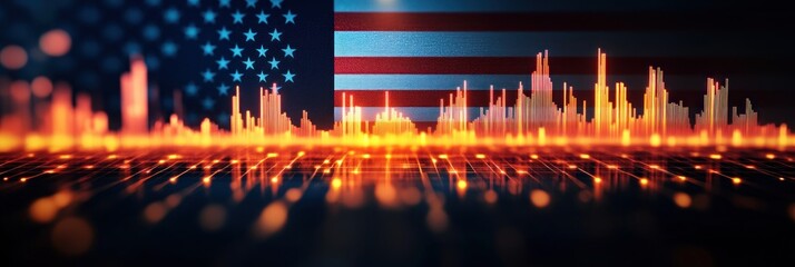 Digital orange and yellow sound wave visualization in front of a blurred blue and red striped flag with white stars symbolizing the United States