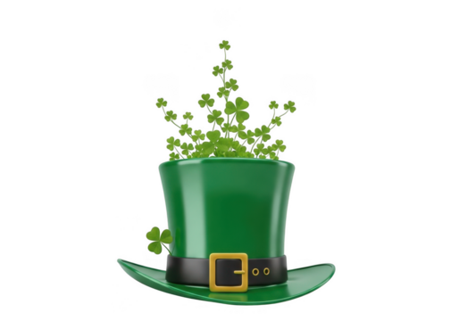 A vibrant green leprechaun hat with a gold buckle filled with growing shamrocks, isolated on transparent background - Powered by Adobe