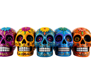 A row of five colorful, decorated sugar skulls with floral and artistic embellishments