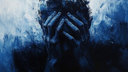 Emotive artwork of a person holding their head in their hands conveying distress and deep sorrow in dark blue tones