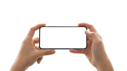 Hands holding a smartphone with a blank screen isolated on transparent background