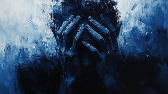 Emotive artwork of a person holding their head in their hands conveying distress and deep sorrow in dark blue tones