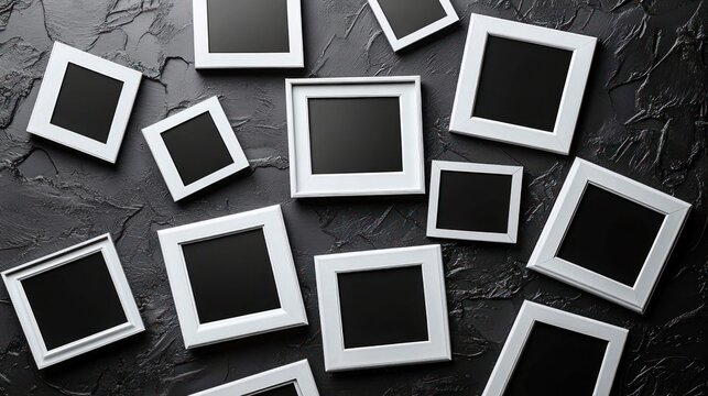 Collection of empty white photo frames arranged irregularly on a textured black wall creating a modern monochrome display