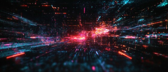 Abstract digital cityscape with glowing neon lines and scattered light particles creating a sense of fast movement and futuristic energy