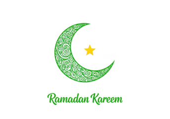 Green ornate crescent moon and yellow star illustration with ramadan kareem text isolated on white background for islamic holiday greeting card