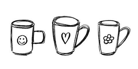 Set of cute hand drawn cup of tea or coffee Simple mug clipart Cozy home doodle Single element for design