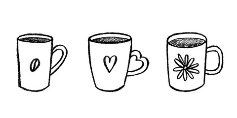 Set of cute hand drawn cup of tea or coffee Simple mug clipart Cozy home doodle Single element for design
