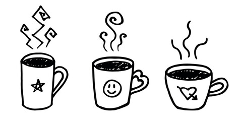 Set of cup of tea or coffee with rising steam Simple mug clipart Cozy home doodle Single element for print, web, design, decor