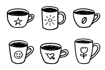 Set of cute hand drawn cup of tea or coffee Simple mug clipart Cozy home doodle Single element for design
