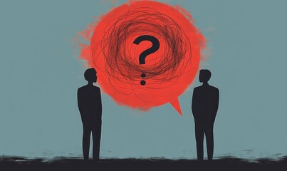 Two silhouetted figures facing each other with a large red speech bubble containing a chaotic scribble and a question mark symbolizing confusion or unclear communication