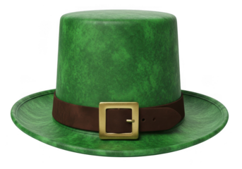 A traditional green leprechaun hat with a brown band and gold buckle, isolated on white background