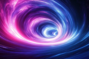 Vibrant swirling vortex of blue and pink light creating a dynamic tunnel effect with a glowing center, evoking a sense of energy and motion
