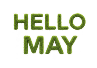 Hello may text made of green grass texture isolated on white background, representing spring and nature greeting
