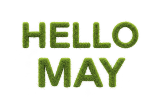 Hello may text made of green grass texture isolated on white background, representing spring and nature greeting - Powered by Adobe