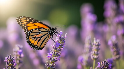 A monarch butterfly landing on a lavender flower captured in warm sunlight and soft bokeh.