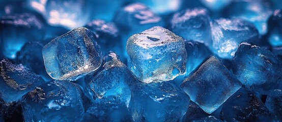 Close-up view of translucent blue ice cubes stacked together with detailed texture and light reflections evoking a cold and refreshing feeling