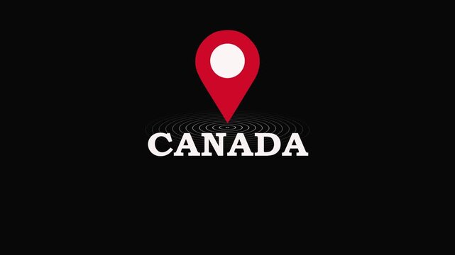 Canada Location Symbol. Canada country name text down location pin pointer icon black background.
