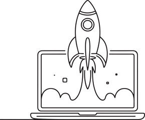 Launch into Innovation A Rocket Ship Emerging from a Laptop Screen Symbolizing Startup Growth and Technological Advancement