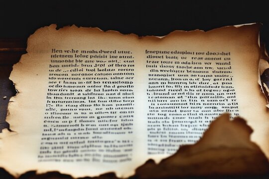 An ancient, partially burnt paper with aged, darkened edges showing faded, dense typed text in two columns, evoking a sense of mystery and historical significance