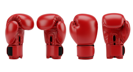 Four red boxing gloves lined up against a transparent background in a studio setting