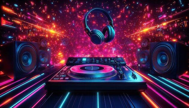 Futuristic DJ turntable setup with floating headphones surrounded by vibrant neon lights and glowing digital particles in a dark immersive environment