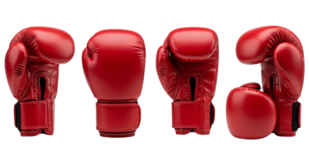 Four red boxing gloves lined up against a transparent background in a studio setting