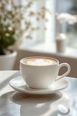 Fototapeta premium White cup of coffee with latte art on top placed on a saucer on a marble table, bright and calm morning setting with blurred plants and window in the background