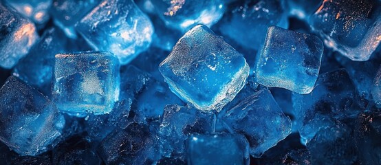 Obraz premium Close-up of blue illuminated ice cubes with textured surfaces and sparkling reflections creating a cool and refreshing atmosphere