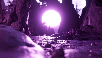 A mystical purple glowing portal at the end of a rocky cave path, creating an otherworldly atmosphere.