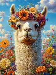 Fototapeta premium Close-up of a calm alpaca wearing a colorful flower crown surrounded by vibrant wildflowers under a partly cloudy blue sky