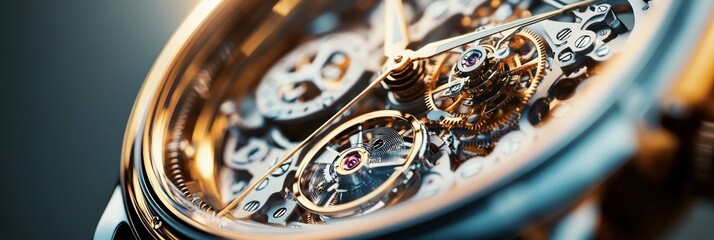 Close-up detailed view of a mechanical watch movement with visible gears, springs, jewels, and intricate metal components showcasing precise craftsmanship
