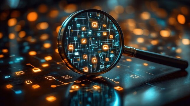 Magnifying glass highlighting glowing digital circuit icons on a dark surface, symbolizing data analysis and technology exploration - Powered by Adobe