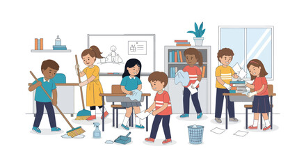 Diverse Children Cleaning Classroom Together with Various Tools.