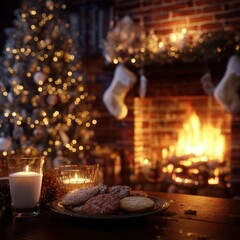 Obraz premium Cozy living room on Christmas Eve with a roaring fireplace, decorated tree, stockings, and a plate of cookies — warm festive atmosphere.