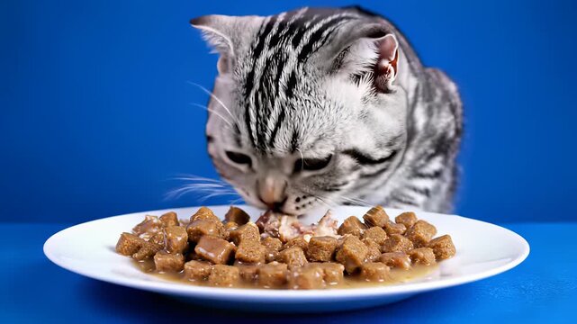 A curious cat, Cory, savoring each bite from a plate of food on a wooden table captures the relatable concept of simple joys in life, evoking feelings of comfort, companionship.