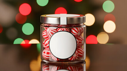 A glass jar of red and white peppermint candies with a blank label for mockup purposes, set against a festive Christmas bokeh background of red and green lights