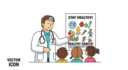 Doctor teaching children about healthy habits with a colorful poster.