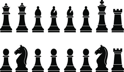 Black and white silhouette icons of chess pieces including king queen rook bishop and pawn © Asad Creative