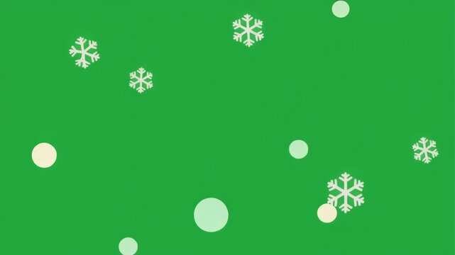 Delicate white snowflakes and soft circular elements gently fall against a vibrant green screen, creating a serene winter backdrop ideal for holiday compositing.