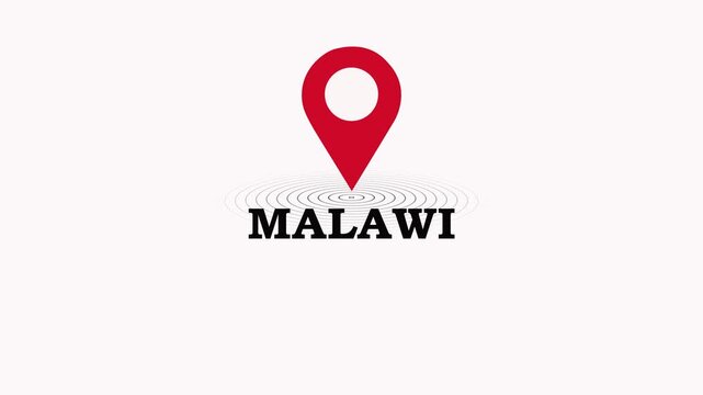 Malawi  Location Symbol. location pin on a colorful map background, GPS location pointer animated icon. map, and travel planning featuring red marker pins 4k. 